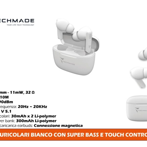 TECHMADE AURICOLARI CON SUPER BASS E TOUCH CONTROL