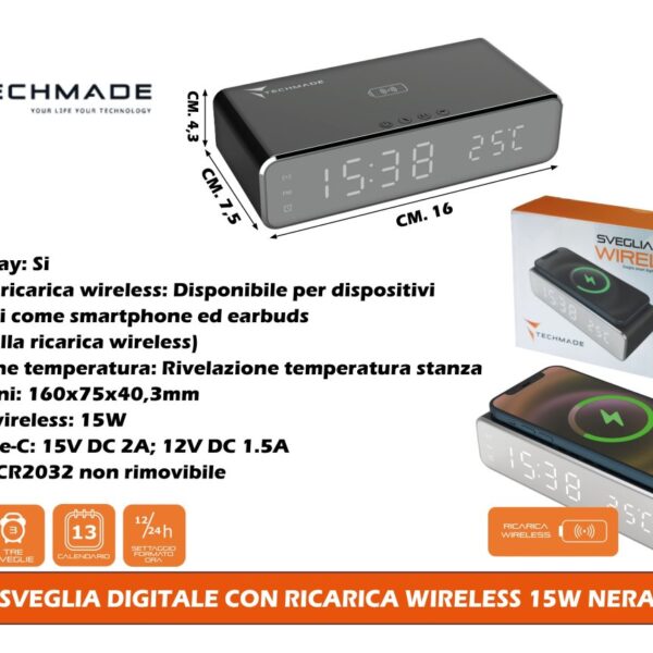 TECHMADE SVEGLIA DIGITALE CON RICARICA WIRELESS 15W NERA
