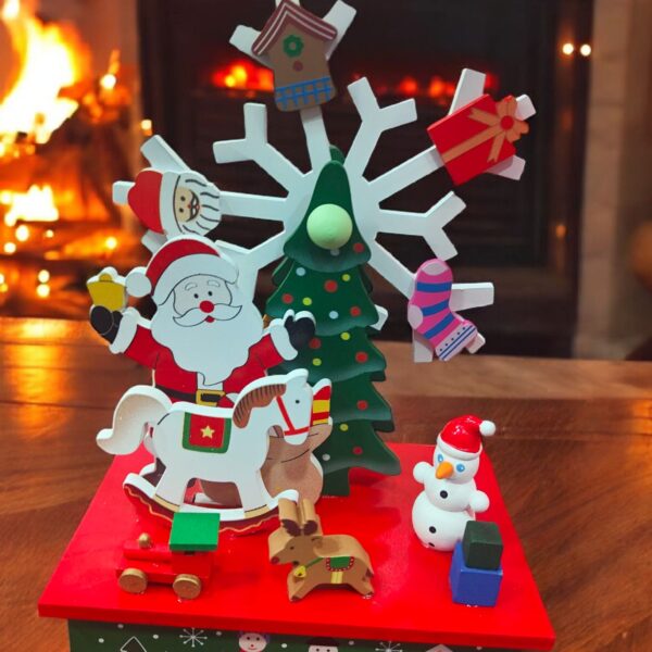 CARILLON IN LEGNO CON BABBO NATALE DI NEVE E ALBERO IN MOVIMENTO